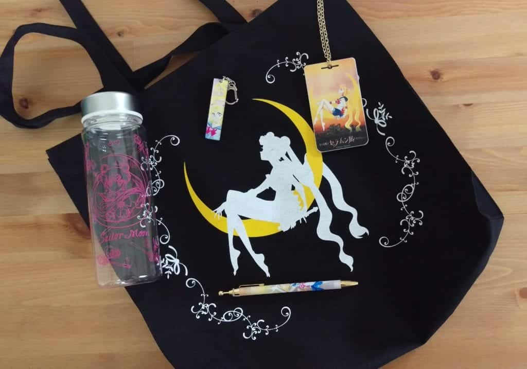 Sailor Moon Exhibit Gift Shop Items of a Tote Bag, water bottle, key chain, pasmo holder and pen