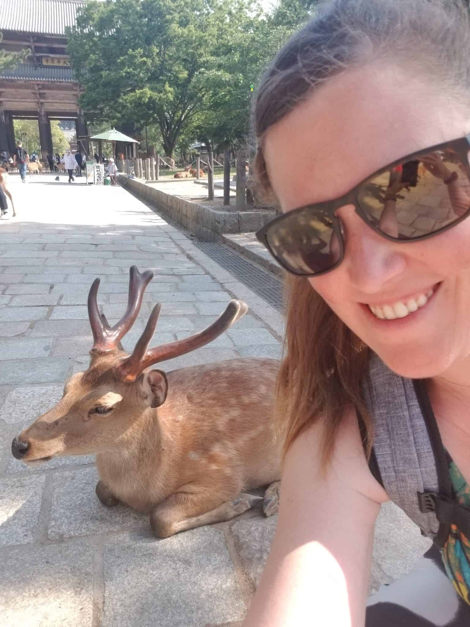 Kristen Abroad with a Nara Deer in front of the Great South Gate of Todaiji