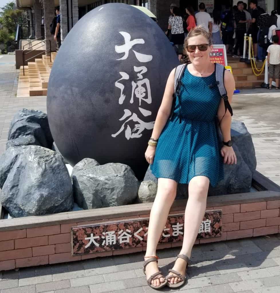 Giant statue of a Kuro Tamago or black egg at Owakudani in Hakone Japan