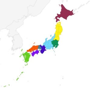 Map of Japan color coded by regions