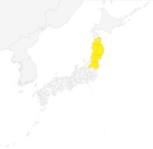 Map of Japan with the area of Tohoku highlighted