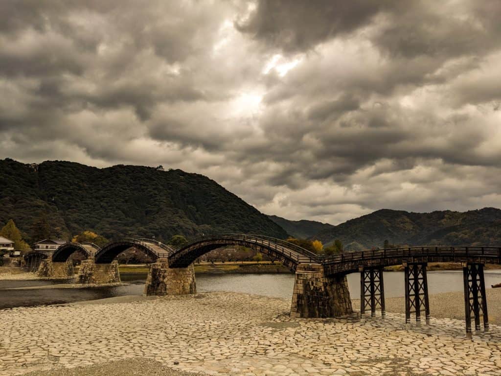 Kintaikyo or Kintai Bridge with Iwakuni Castle in the background